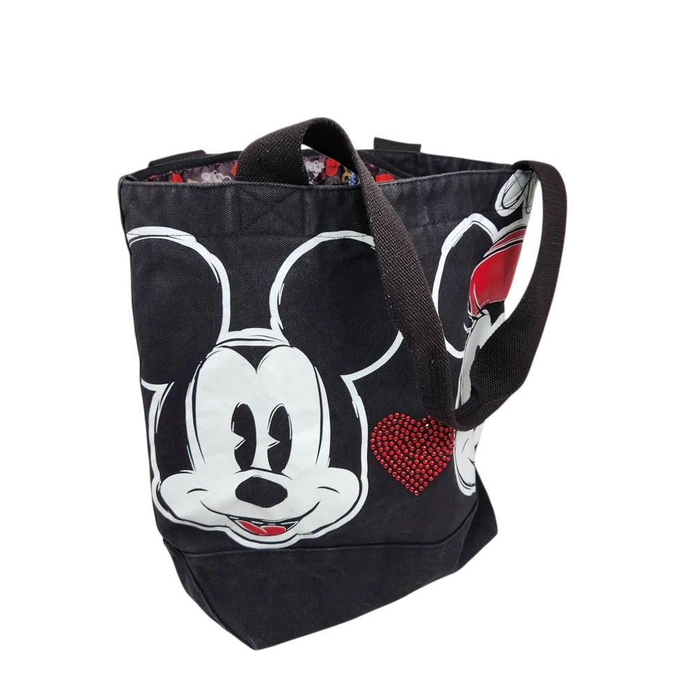 Disney Mickey & Minnie Mouse Tote Bag Black Denim Rhinestone Heart Shoulder Bag